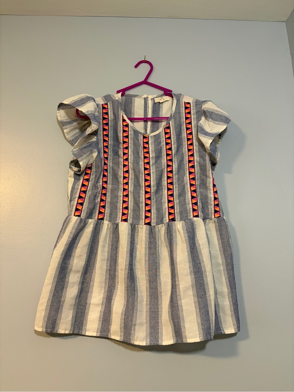entro Blue and White Striped Flutter-Sleeve Top with Pink and Orange Embroidery
